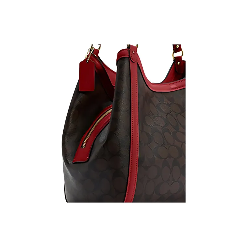 COACH Kristy Iconic Coated Canvas With Smooth Leather Bucket Bag, One Shoulder Handbag Tubas Women's Dark Brown & Red-3