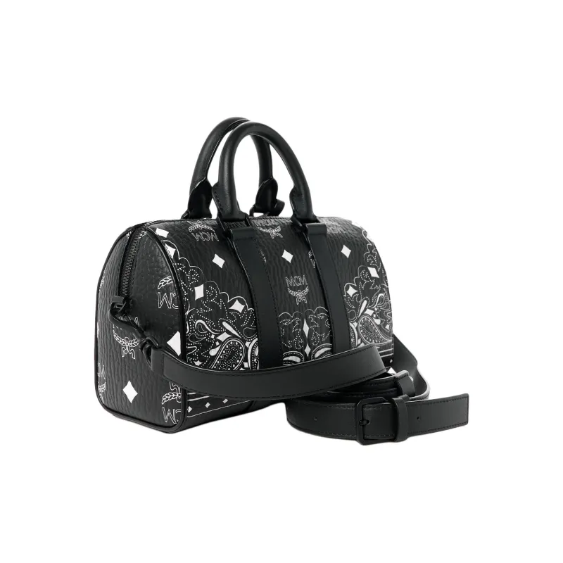MCM Aren Canvas With Leather Boston Bag, Crossbody Handbag Small Size Unisex Black-1