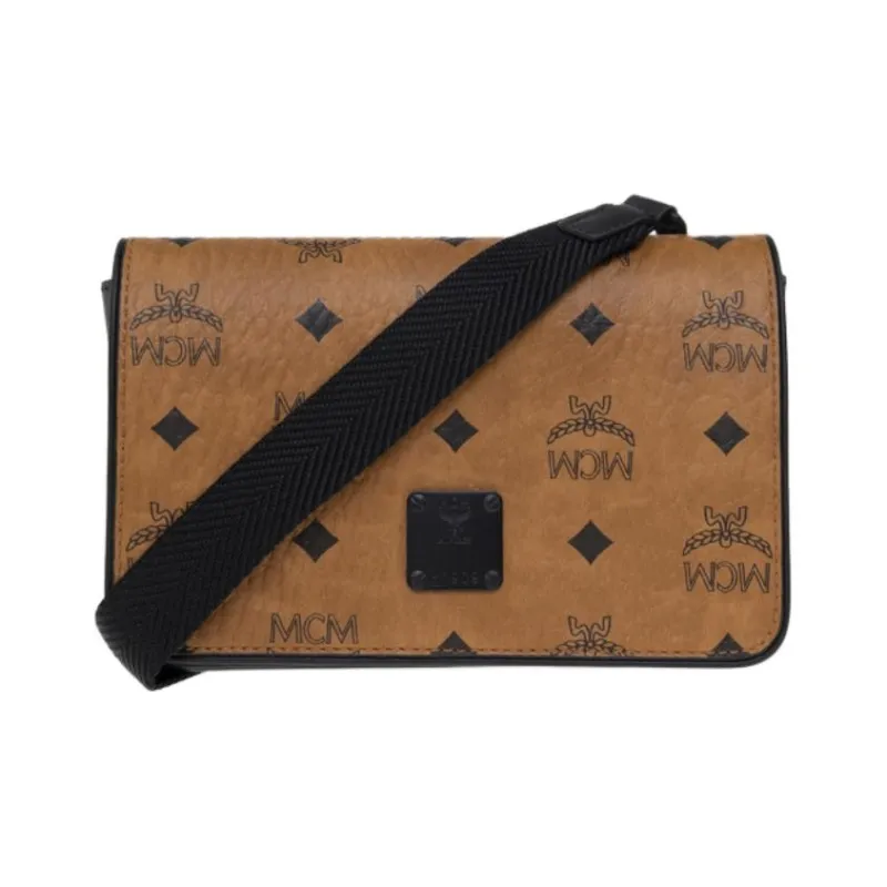 MCM VisetosAren Coated Canvas Messenger Bag, Shoulder Bag, Crossbody Bag Trumpets Unisex Brown Cognac-0