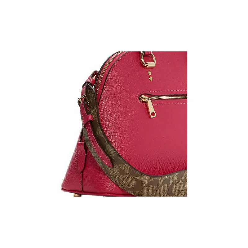 COACH Katy Cross Grain Leather Dome Bag, Shoulder Bag, Crossbody Bag, Handbag Large Size Women's Red & Brown-3