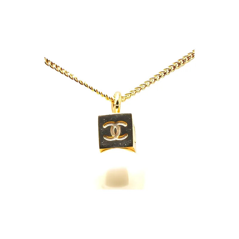 CHANEL 2002 Plated Cc Cube Faux Pearl Pendant Costume Necklace-2