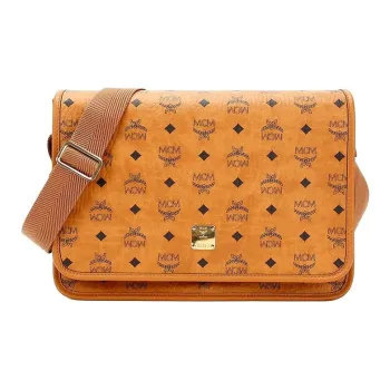 MCM Klassik Visetos Leather Messenger Bag Shoulder Bag Crossbody Bag Medium Size Men's Brown Cognac