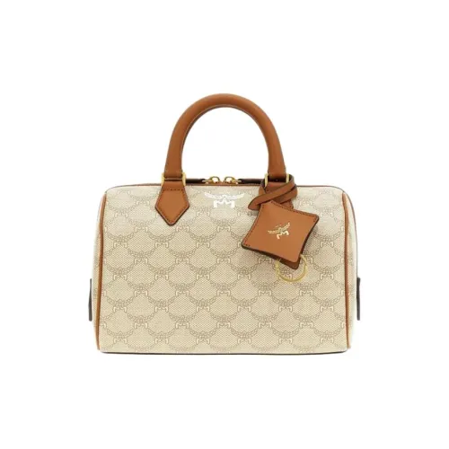 MCM Canvas With Leather Boston Bag Shoulder Bag Crossbody Bag Handbag Small Size Women's Beige