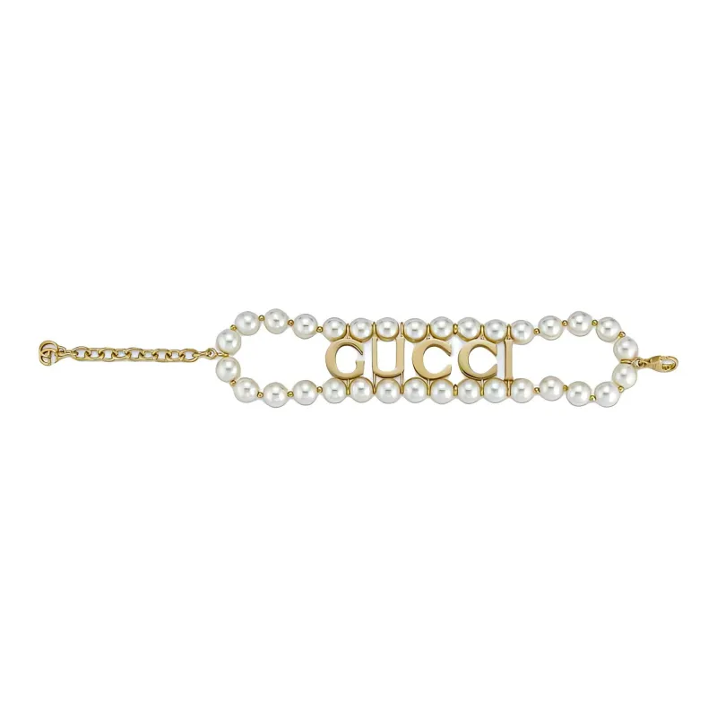 GUCCI Pearl Glass Metal Bracelets Women's Gold-2