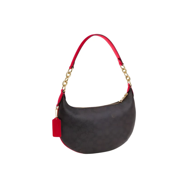 COACH Peyton Coated Canvas Hobo Bag, Handbag, Shoulder Bag Tubas Women's Walnut Wood & Bold Red-1