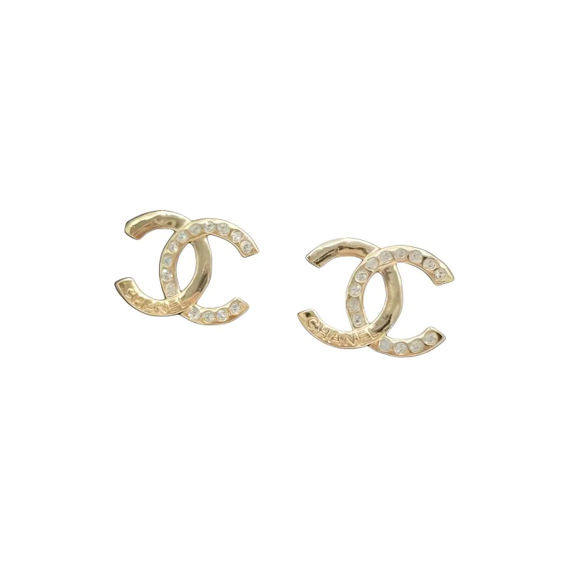 CHANEL Rhinestone Double C Stud Earrings Women's-1