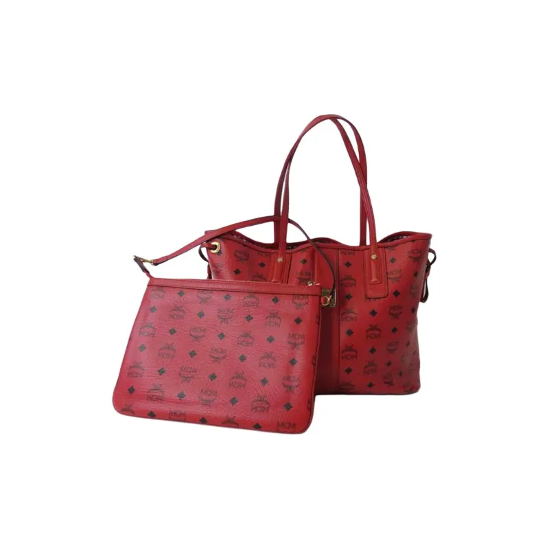 MCM Liz Visetos PVC Tote Bag Shopping Bag Combo Shoulder Bag Handbag Medium Size Women's Red-1