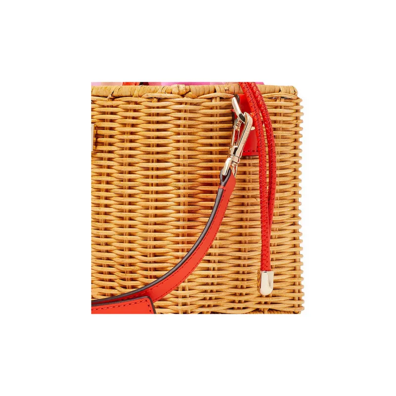 Kate Spade Rattan Small Square Bag One Shoulder Handbag Mini Women's Pink With Light Brown Accents-3