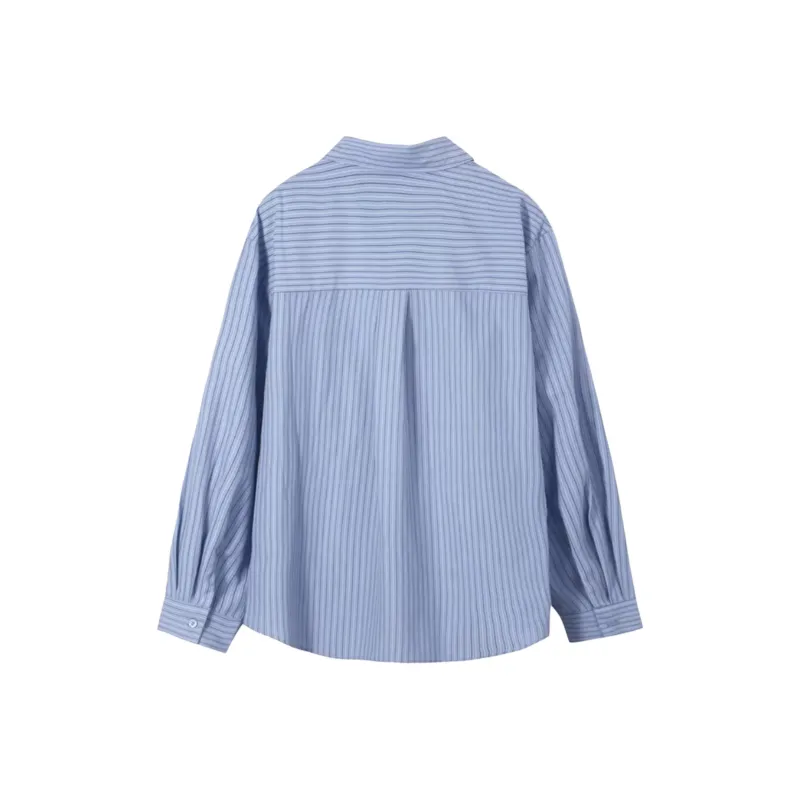 Mu Xiao Xin Shirt Women's Blue Striped Pocket Shirt-0