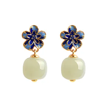 Xiaoyinjiang S925 Silver Hetian Jade Earrings Women's Pale Greenish-White Jade