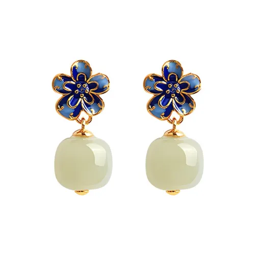 Xiaoyinjiang S925 Silver Hetian Jade Earrings Women's Pale Greenish-White Jade