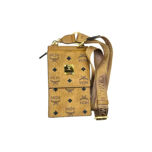 MCM Visetos Artificial Leather Shoulder Bag Crossbody Bag With Cell Phone Pouch And Card Holder Unisex Brown Cognac
