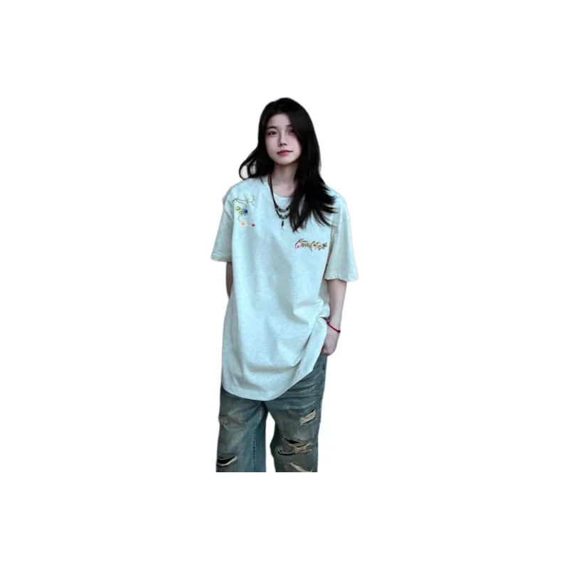 WELTER EXPERIMENT Solid Color Casual Comfortable Loose Fit Embroidery T Shirt Unisex-8