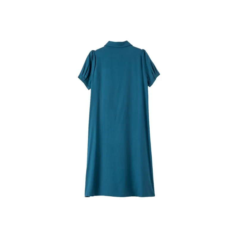 Late White Short Sleeved Dress Women's Peacock Blue-1
