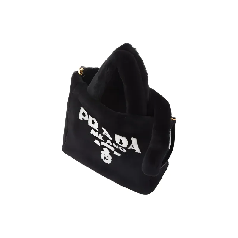 PRADA Shearling Plush Tote Bag, Shopping Bag, Shoulder Bag, Crossbody Bag, Handbag Women's Black/White-2