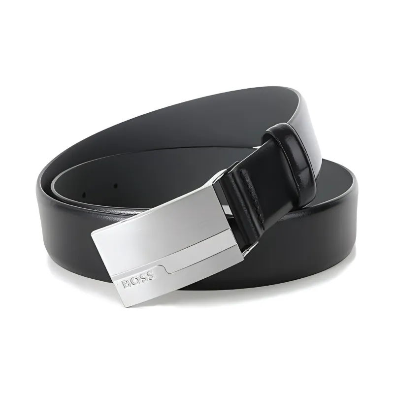 HUGO BOSS Logo Carving, Smooth Buckle Leather Belts Men's Black-2