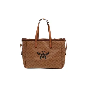MCM Cow Leather Patchwork With Artificial Leather Tote Bag Shoulder Bag Extra Large Women's Cognac