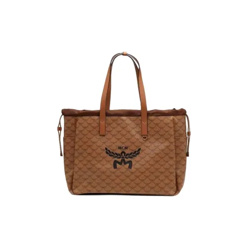MCM Cow Leather Patchwork With Artificial Leather Tote Bag Shoulder Bag Extra Large Women's Cognac