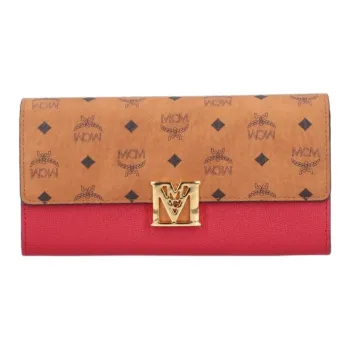 MCM Leather Crossbody Bag, Wallet Large Size Women's Red With Brown Cognac