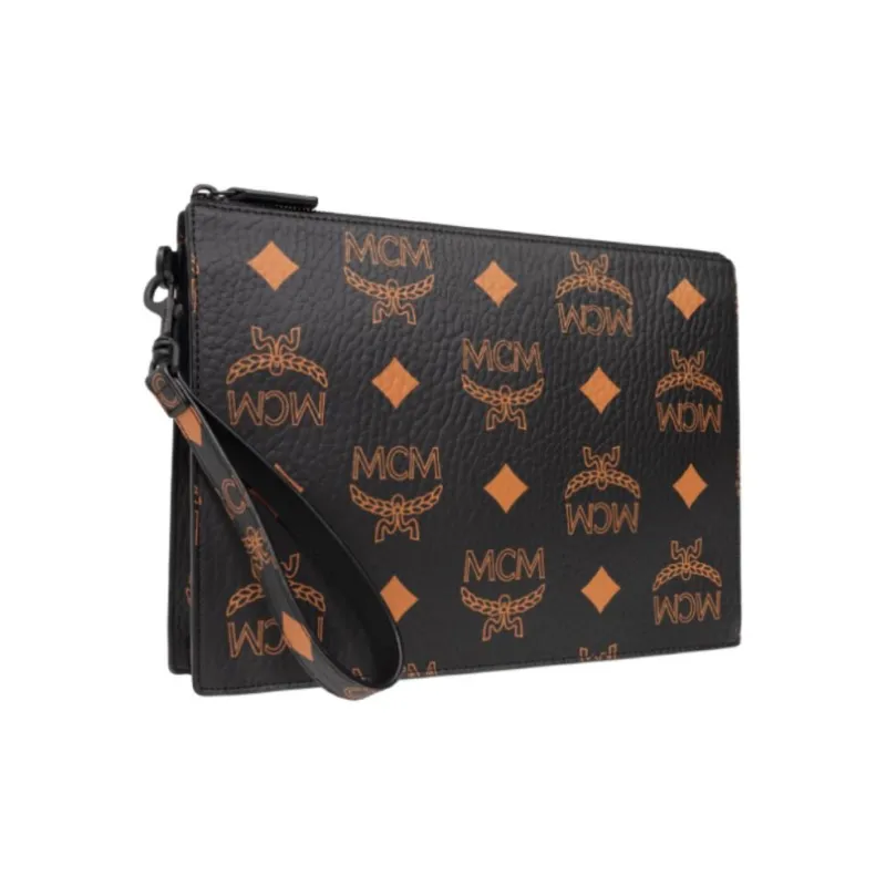 MCM Visetos Zippers Wrist Bag Clutch Medium Size Unisex Black-1