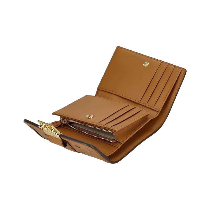 MCM Tracy Visetos Canvas With Leather Wallet Small Size Women's Cognac Brandy Brown & Black-3