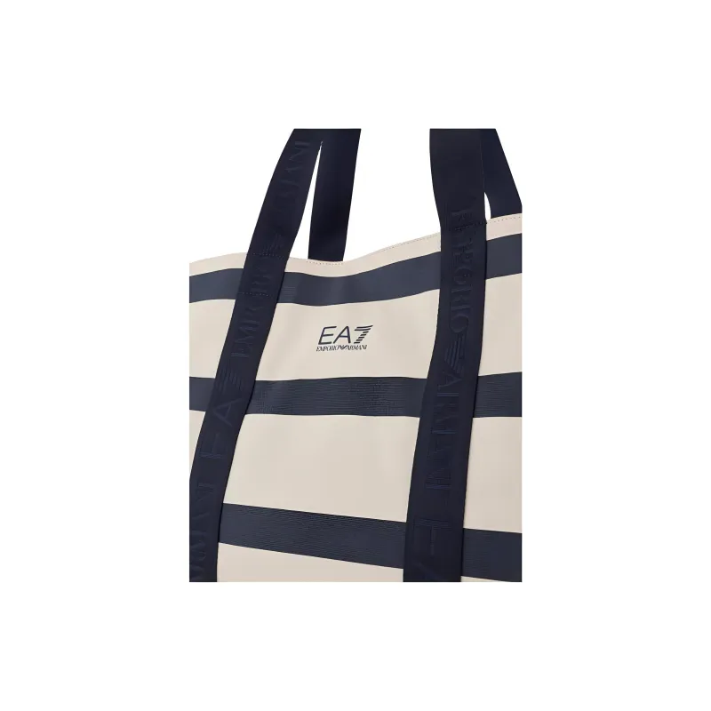 EMPORIO ARMANI Cotton Tote Bag, Shopping Bag, Handbag Large Size Women's Navy Blue & Beige-3