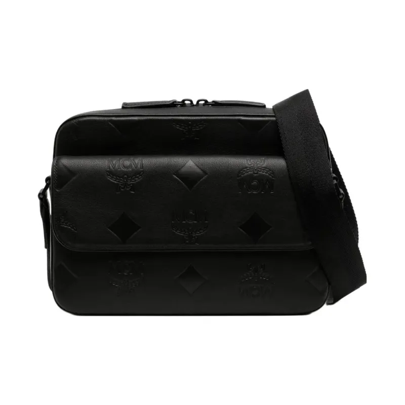 MCM Leather Messenger Bag, Shoulder Bag, Crossbody Bag Medium Size Unisex Black-0