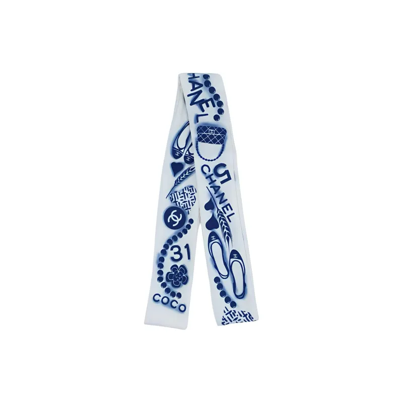 CHANEL Silk Scarves Men's White Blue-2