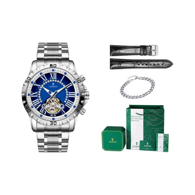 RENOVO Automatic Mechanical Movement Stainless Steel Watchband Watch Men's Watches Blue Dial-3