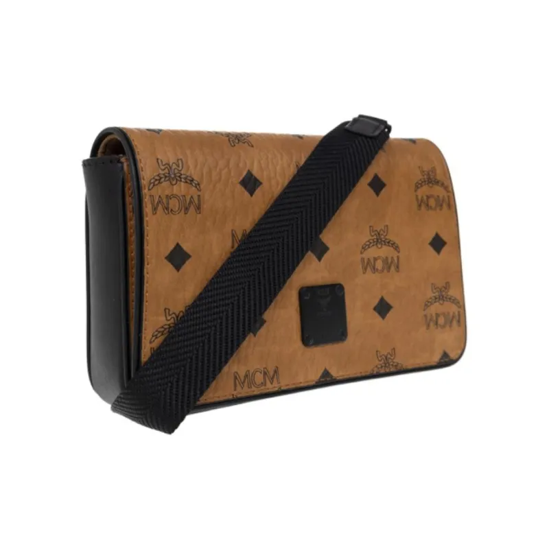 MCM VisetosAren Coated Canvas Messenger Bag, Shoulder Bag, Crossbody Bag Trumpets Unisex Brown Cognac-1
