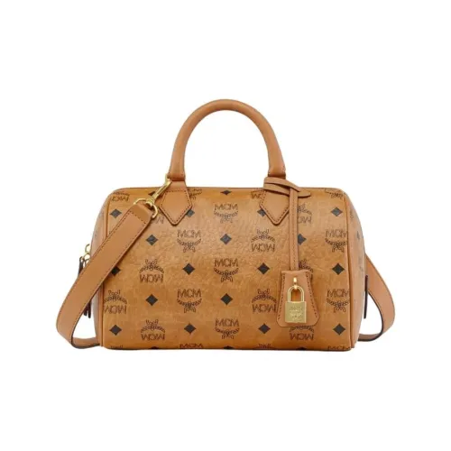 MCM Canvas With Leather Boston Bag Crossbody Handbags Small Size Women's Cognac