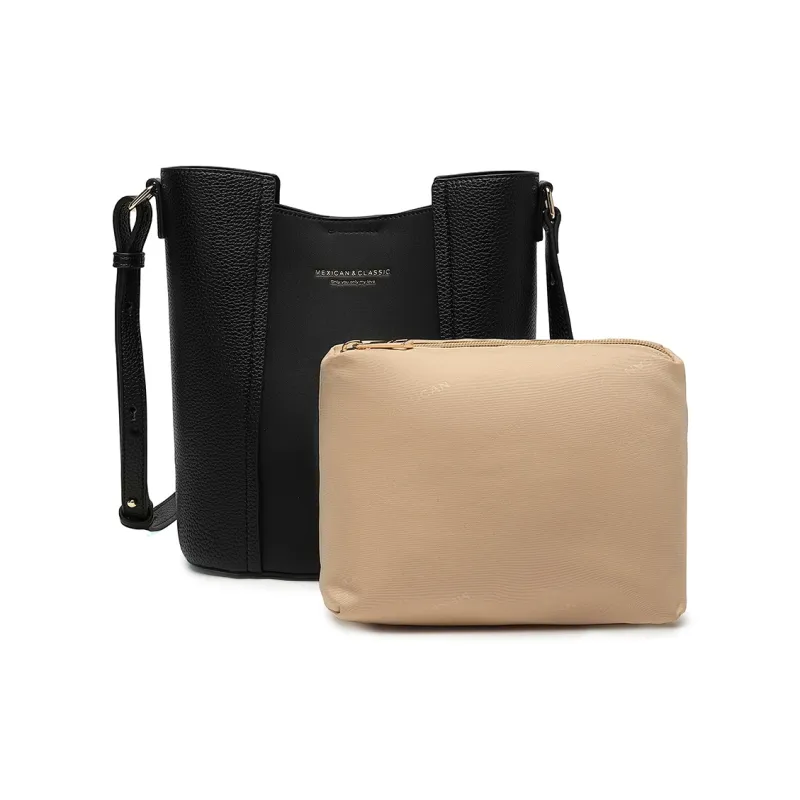 MEXICAN Polyurethane Bucket Bag, Shoulder Bag, Crossbody Bag Women's Black/Coffee-1