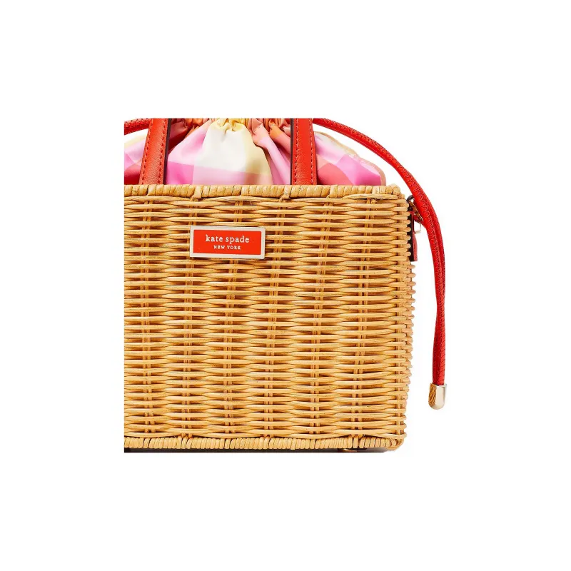 Kate Spade Rattan Small Square Bag One Shoulder Handbag Mini Women's Pink With Light Brown Accents-4