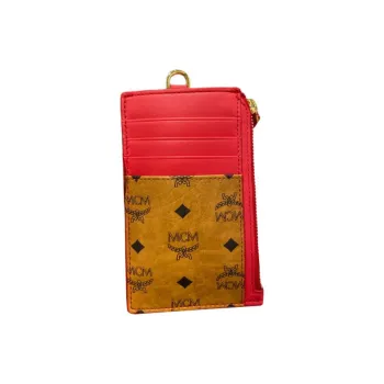 MCM Leather Card Clip Card Holder Unisex Red With Brown Cognac