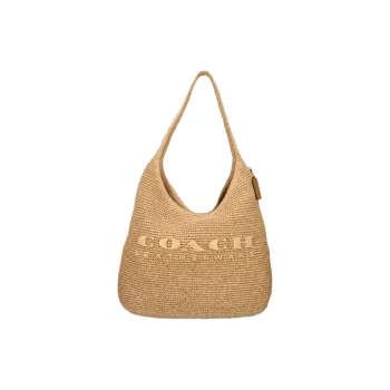 COACH Brooklyn Straw Woven Shoulder Bag Women's Beige