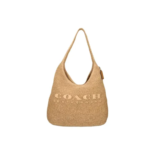 COACH Brooklyn Straw Woven Shoulder Bag Women's Beige