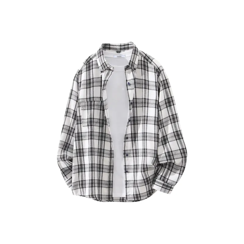 OGEK Shirt Unisex Black White Plaid Comes With A Random Print T Shirt+Brooch-5
