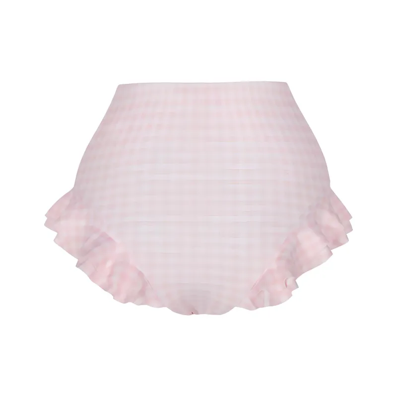 Selkie Collection SS24 Swimming Shorts Women's Pink And White Cool Summer Plaid Print-1