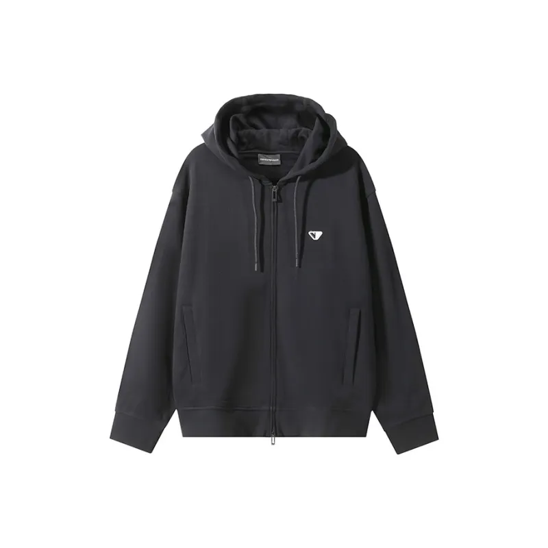 EMPORIO ARMANI FW24 Hooded Zip Closure Sweatshirt Thin Pile Version Men's Black-0