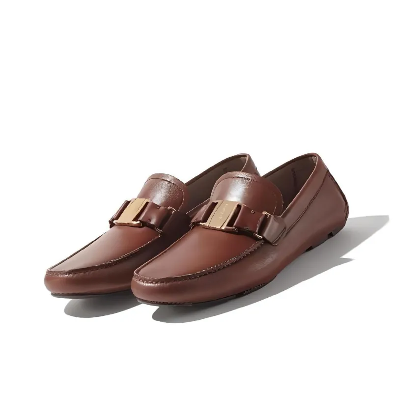 FERRAGAMO Vara Bit Solid Color Slip-on Casual Single Shoes Men's Dark Brown-2