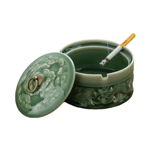 KUGUAN Ceramic Yue Kiln Craft With Lid Dustproof Ashtray Ornament