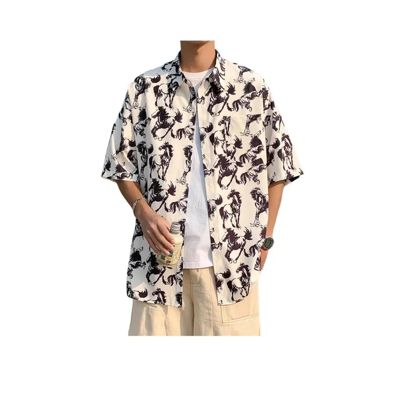 NOAHGIGI Short Sleeved Floral Shirt Unisex Beige Apricot Ink Wash Steed-0