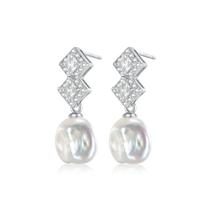ZXIN JEWELRY Pearl Earrings Baroque Double Block S925 Silver With Zircon Versatile Luxury Minimalist Style Women's-1