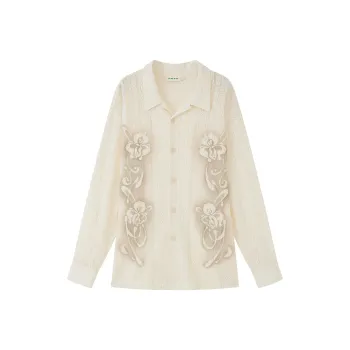 WULISHAONIAN Cut Out Lace Print Shirt Unisex Ecru