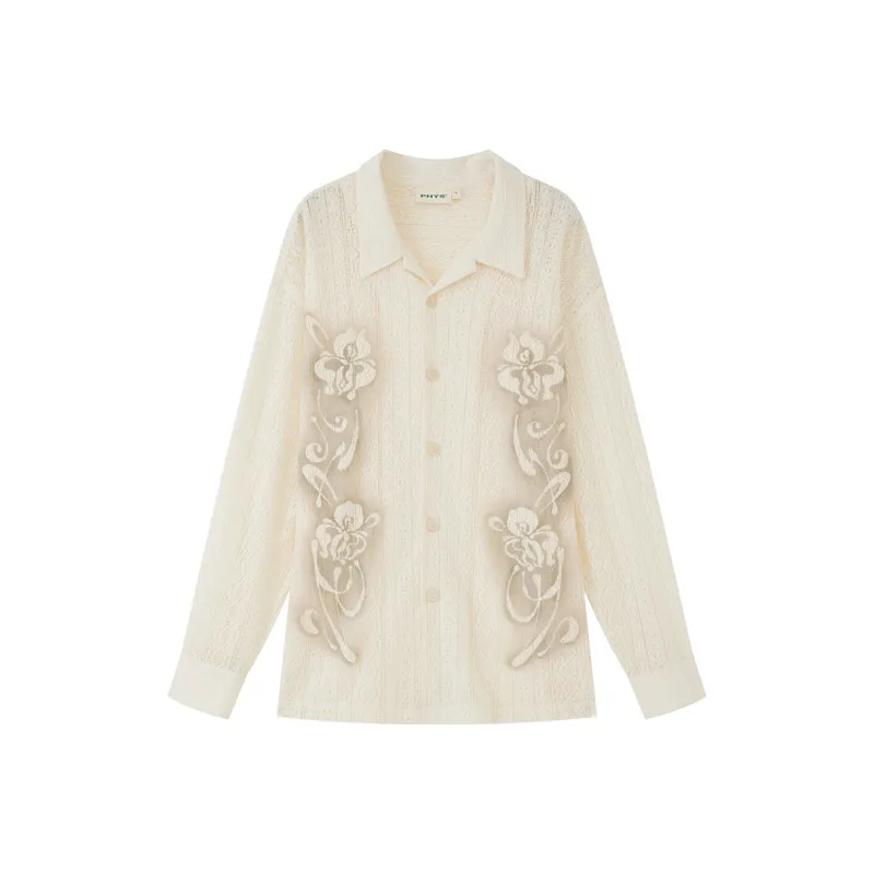WULISHAONIAN Cut Out Lace Print Shirt Unisex Ecru-0