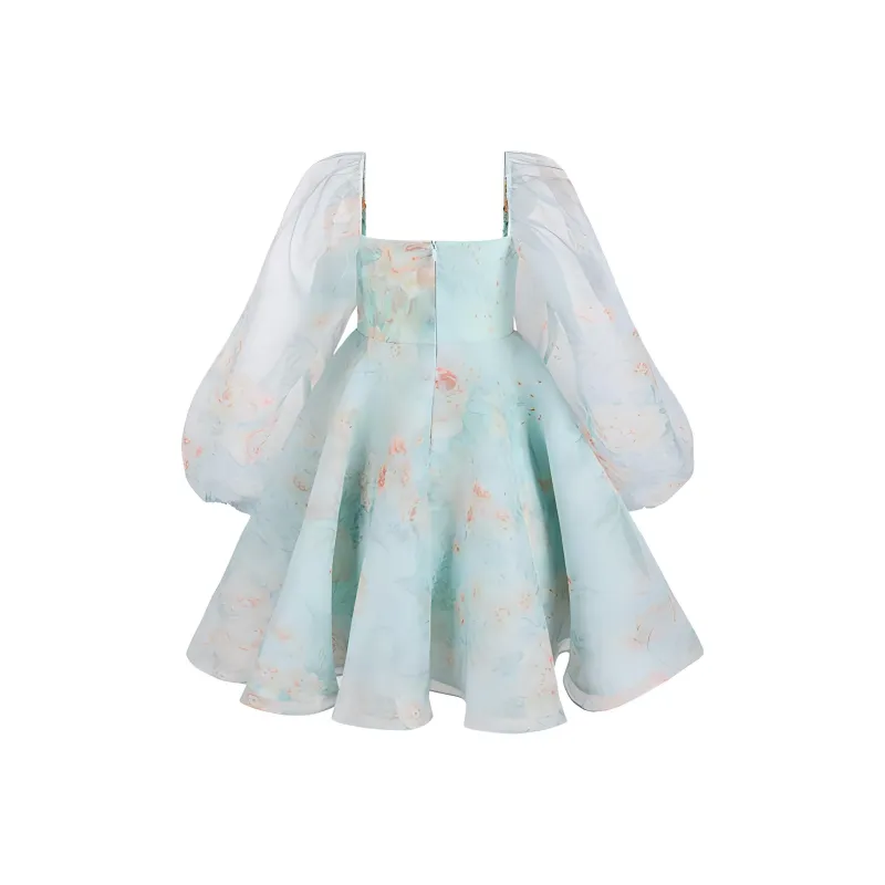 Selkie Collection SS24 Long-Sleeved Dresses Women's Light Blue Base Mint Herbal Print-1