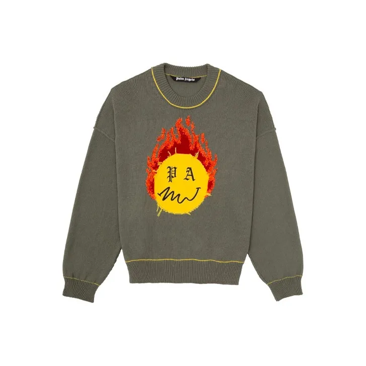 PALM ANGELS Smiley Intarsia Burning Head Knitted Crewneck-0