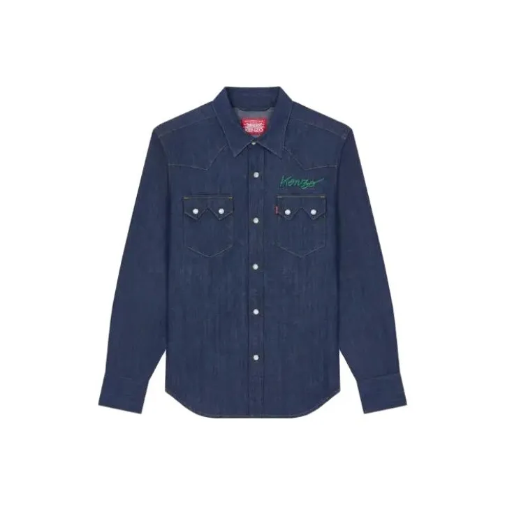 KENZO Logo Embroidered Buttoned Denim Shirt-0