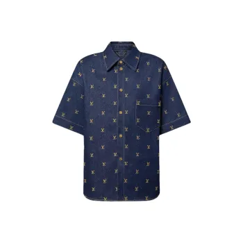 LOUIS VUITTON Embroidered Signature Short Sleeved Denim Shirt