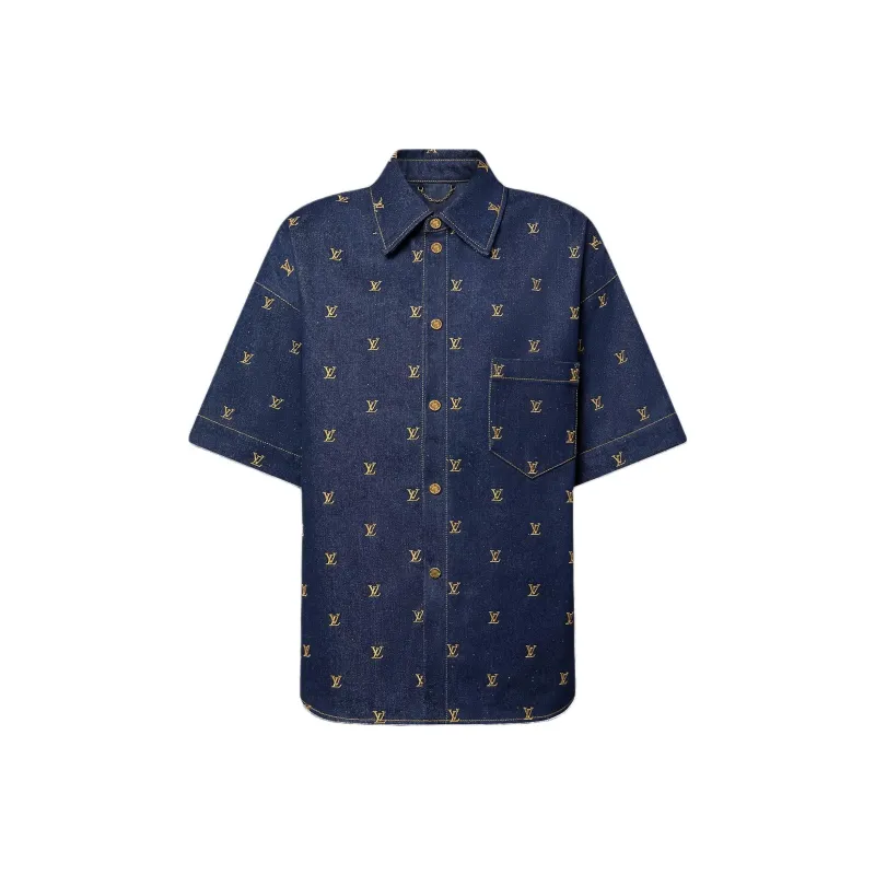 LOUIS VUITTON Embroidered Signature Short Sleeved Denim Shirt-0